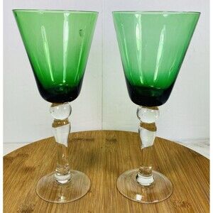 Vtg Emerald Green Wine Goblets Glasses Glass Lot of 2    8.5” Tall